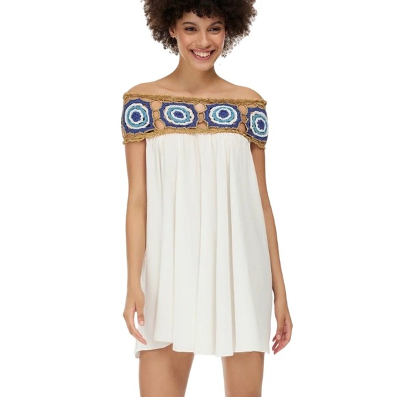 My Beachy Side Dresses & Skirts - My Beachy Side Dress Zelda Crochet Mini Ivory Blue Womens Small NWT